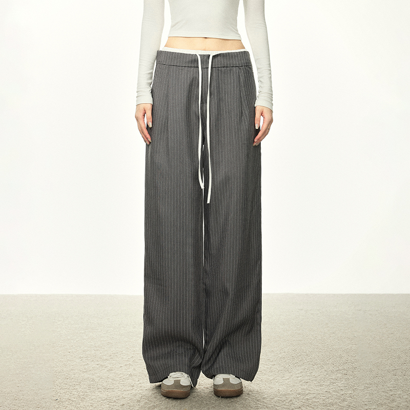 American-Style Striped Faux Two-Piece Suit Pants for Women - Loose Wide-Leg Casual Trousers for Spring and Autumn Fashion