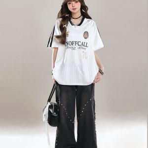 American-Style V-Neck Sports Jersey Short Sleeve T-Shirt for Women - Summer OOTD Loose Fit Top