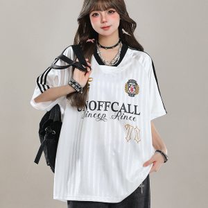 American-Style V-Neck Sports Jersey Short Sleeve T-Shirt for Women - Summer OOTD Loose Fit Top