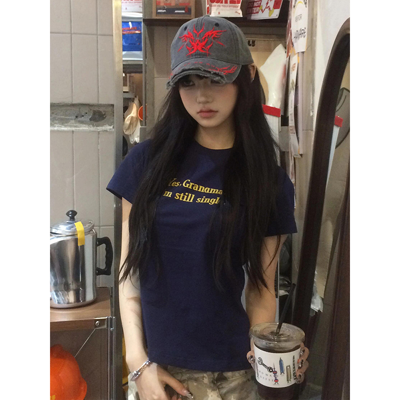 American Style Vintage Slim-Fit Cropped T-Shirt for Women - Summer Slogan Printed Short Sleeves