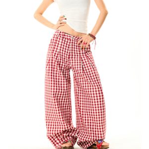 American Sweetheart Red Plaid Wide-Leg Casual Pants for Women - Relaxed Loose Versatile Trousers, Perfect for Y2K and Everyday Style