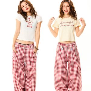 American Sweetheart Red Plaid Wide-Leg Casual Pants for Women - Relaxed Loose Versatile Trousers, Perfect for Y2K and Everyday Style
