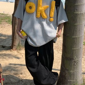 American Vintage 3D OK Letter Short Sleeve T-Shirt for Men and Women - Summer Loose Fit Versatile Couple Tee