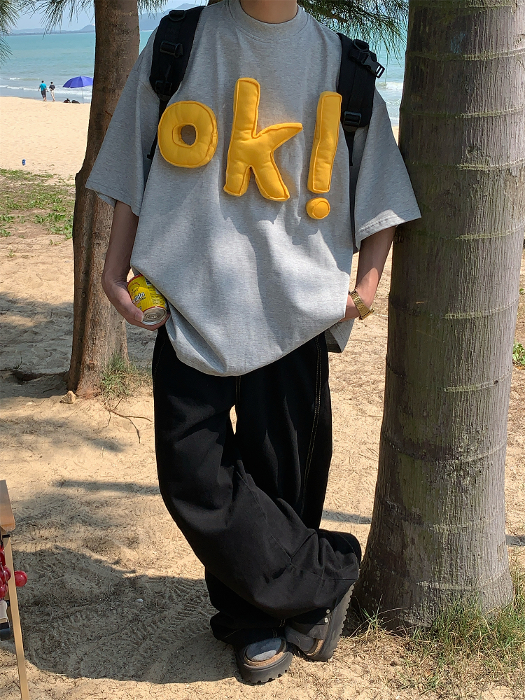 American Vintage 3D OK Letter Short Sleeve T-Shirt for Men and Women - Summer Loose Fit Versatile Couple Tee American Vintage 3D OK Letter Short Sleeve T-Shirt for Men and Women - Summer Loose Fit Versatile Couple Tee