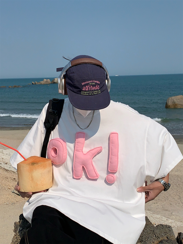 American Vintage 3D OK Letter Short Sleeve T-Shirt for Men and Women - Summer Loose Fit Versatile Couple Tee American Vintage 3D OK Letter Short Sleeve T-Shirt for Men and Women - Summer Loose Fit Versatile Couple Tee