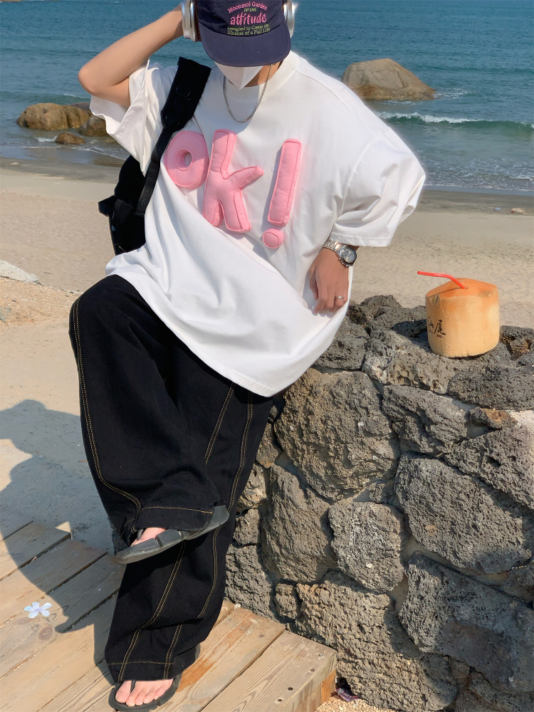 American Vintage 3D OK Letter Short Sleeve T-Shirt for Men and Women - Summer Loose Fit Versatile Couple Tee American Vintage 3D OK Letter Short Sleeve T-Shirt for Men and Women - Summer Loose Fit Versatile Couple Tee