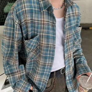 American Vintage Brushed Plaid Long Sleeve Shirt for Men & Women - Casual Loose Fit Unisex Jacket for Spring & Autumn Trends