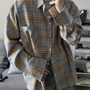 American Vintage Brushed Plaid Long Sleeve Shirt for Men & Women - Casual Loose Fit Unisex Jacket for Spring & Autumn Trends