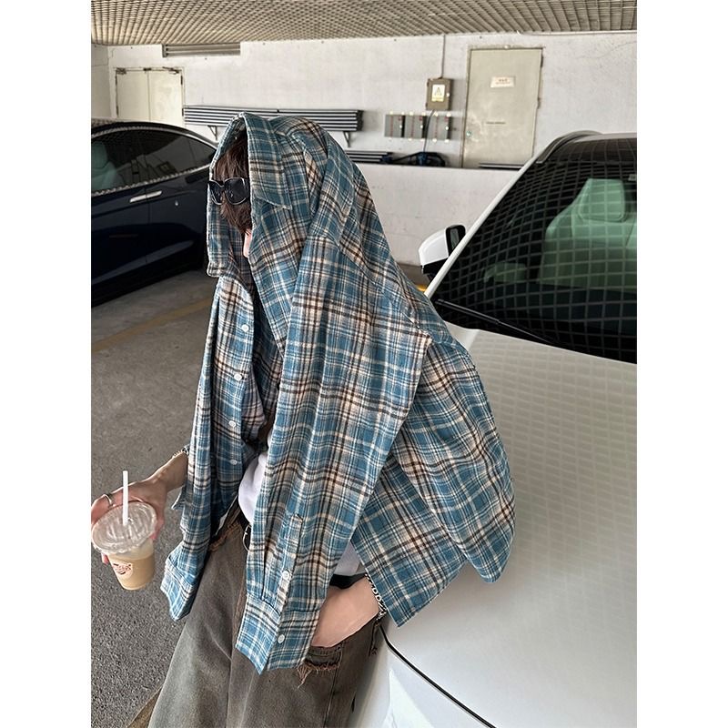 American Vintage Brushed Plaid Long Sleeve Shirt for Men & Women - Casual Loose Fit Unisex Jacket for Spring & Autumn Trends