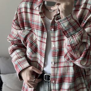 American Vintage Brushed Plaid Long Sleeve Shirt for Men & Women - Casual Loose Fit Unisex Jacket for Spring & Autumn Trends