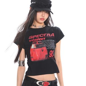 American Vintage Car Print Women's Summer Slim Fit Short Sleeve T-Shirt - High Elastic, Comfortable, Retro Style