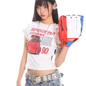 American Vintage Car Print Women's Summer Slim Fit Short Sleeve T-Shirt - High Elastic, Comfortable, Retro Style