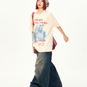 American Vintage Character Print Short Sleeve T-Shirt for Women - Casual Loose Summer Top, Retro 90s Style