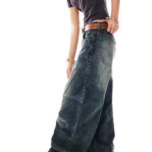 American Vintage Contrast Stitch Deconstructed Denim Pants for Women - Stylish Casual Wide-Leg Trousers, Y2K Fashion, Versatile Fit