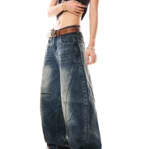 American Vintage Contrast Stitch Deconstructed Denim Pants for Women - Stylish Casual Wide-Leg Trousers, Y2K Fashion, Versatile Fit