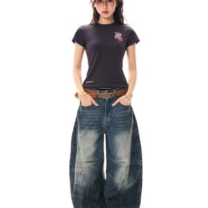 American Vintage Contrast Stitch Deconstructed Denim Pants for Women - Stylish Casual Wide-Leg Trousers, Y2K Fashion, Versatile Fit