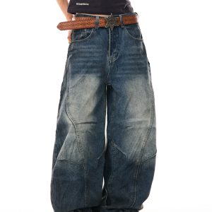 American Vintage Contrast Stitch Deconstructed Denim Pants for Women - Stylish Casual Wide-Leg Trousers, Y2K Fashion, Versatile Fit