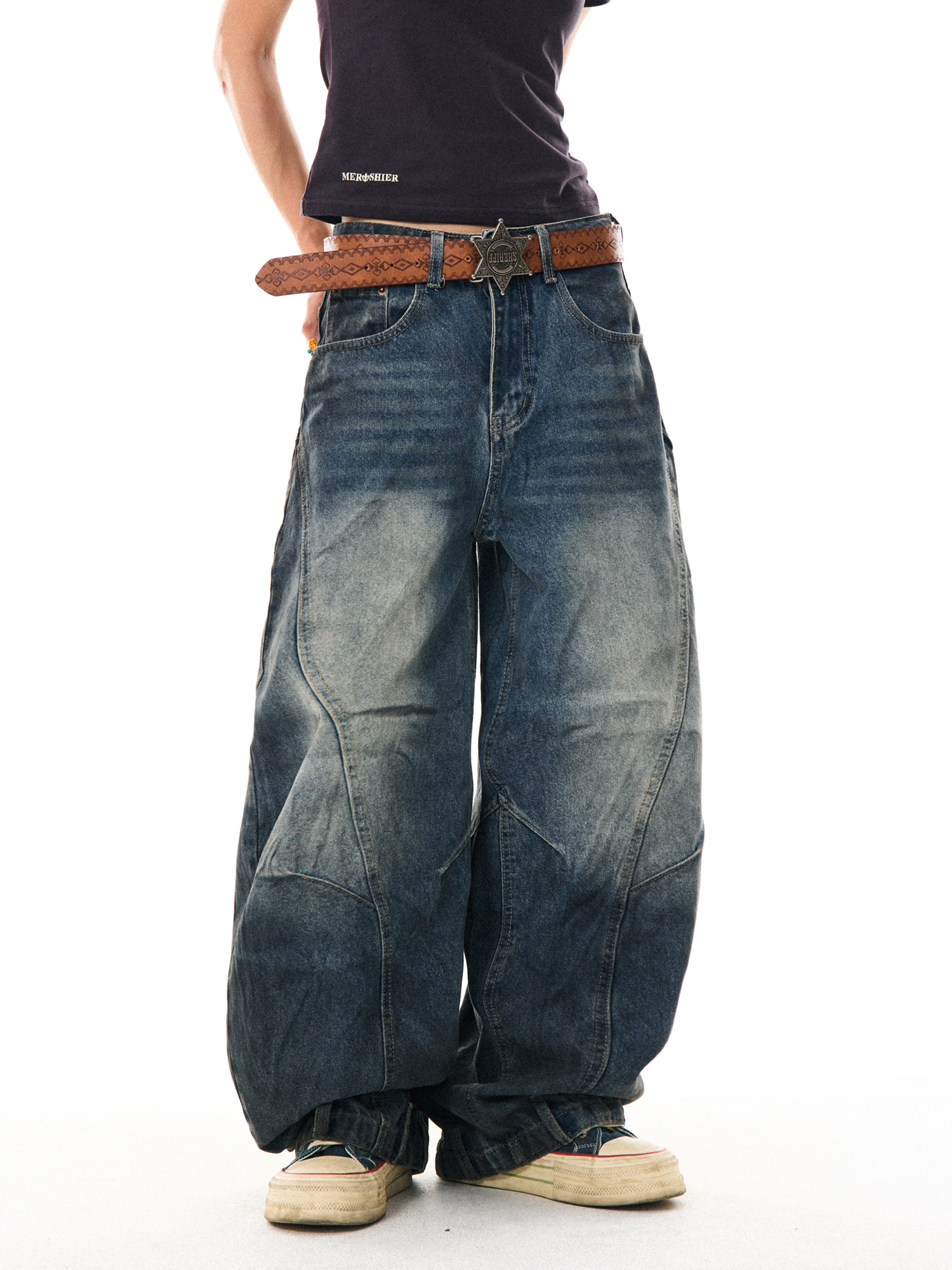 American Vintage Contrast Stitch Deconstructed Denim Pants for Women - Stylish Casual Wide-Leg Trousers, Y2K Fashion, Versatile Fit American Vintage Contrast Stitch Deconstructed Denim Pants for Women - Stylish Casual Wide-Leg Trousers, Y2K Fashion, Versatile Fit