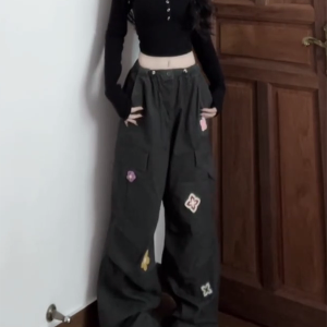 American Vintage Embroidered Cargo Pants for Women - Military Green, Loose-Fitting Straight-Leg Wide-Leg for Street Dance & Jazz Dance