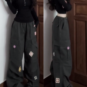 American Vintage Embroidered Cargo Pants for Women - Military Green, Loose-Fitting Straight-Leg Wide-Leg for Street Dance & Jazz Dance