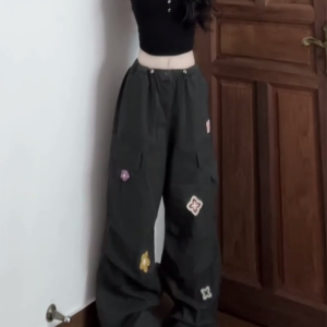 American Vintage Embroidered Cargo Pants for Women - Military Green, Loose-Fitting Straight-Leg Wide-Leg for Street Dance & Jazz Dance