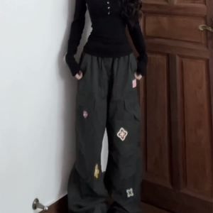 American Vintage Embroidered Cargo Pants for Women - Military Green, Loose-Fitting Straight-Leg Wide-Leg for Street Dance & Jazz Dance