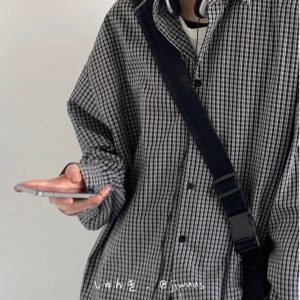 American Vintage Fine Check Long Sleeve Shirt - Unisex Casual Plaid Jacket for Spring and Autumn, Lazy Style Couple's Fashion