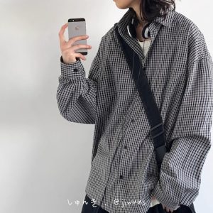 American Vintage Fine Check Long Sleeve Shirt - Unisex Casual Plaid Jacket for Spring and Autumn, Lazy Style Couple's Fashion