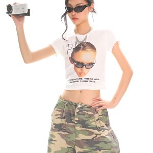 American Vintage Portrait Print Short Sleeve T-Shirt for Women - Slim Fit Summer Top, Y2K Style, Hot Girl Fashion