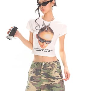 American Vintage Portrait Print Short Sleeve T-Shirt for Women - Slim Fit Summer Top, Y2K Style, Hot Girl Fashion