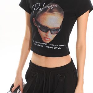 American Vintage Portrait Print Short Sleeve T-Shirt for Women - Slim Fit Summer Top, Y2K Style, Hot Girl Fashion