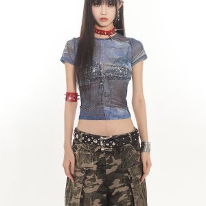 American Vintage Printed Mesh Sheer Short Sleeve Top for Women - Sexy Tight Fit, Summer Fashion, Y2K Style