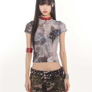 American Vintage Printed Mesh Sheer Short Sleeve Top for Women - Sexy Tight Fit, Summer Fashion, Y2K Style