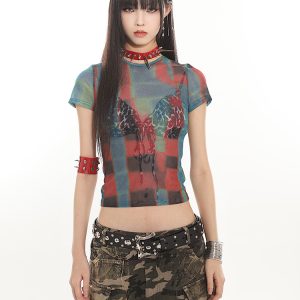American Vintage Printed Mesh Sheer Short Sleeve Top for Women - Sexy Tight Fit, Summer Fashion, Y2K Style