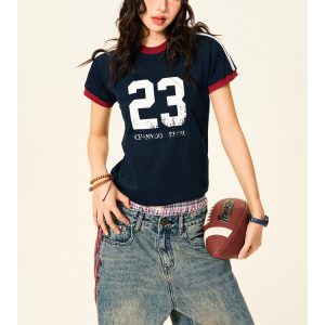 American Vintage Sorona Sports Short Sleeve T-Shirt for Women - Summer Slim Fit Raglan Crop Top, Casual 90s Style