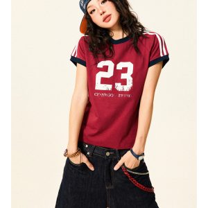 American Vintage Sorona Sports Short Sleeve T-Shirt for Women - Summer Slim Fit Raglan Crop Top, Casual 90s Style