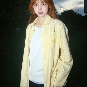 American Vintage Striped Long Sleeve Shirt with Dog Embroidery, Spring Style Loose Top, Casual 90s Inspired Jacket