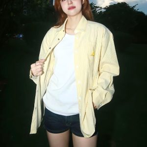 American Vintage Striped Long Sleeve Shirt with Dog Embroidery, Spring Style Loose Top, Casual 90s Inspired Jacket