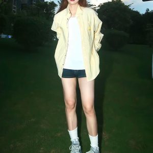 American Vintage Striped Long Sleeve Shirt with Dog Embroidery, Spring Style Loose Top, Casual 90s Inspired Jacket