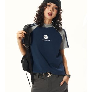 American Vintage Style Short Sleeve T-Shirt for Women, Summer Raglan Slim Fit Top, Y2K Inspired Fashion