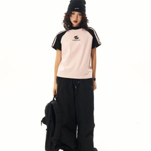 American Vintage Style Short Sleeve T-Shirt for Women, Summer Raglan Slim Fit Top, Y2K Inspired Fashion