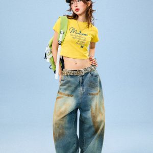 American Vintage Yellow Crop Top for Women, Short Sleeve Slim Fit T-Shirt, Summer Style, Retro 90s Vibe