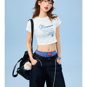 American Vintage Yellow Crop Top for Women, Short Sleeve Slim Fit T-Shirt, Summer Style, Retro 90s Vibe