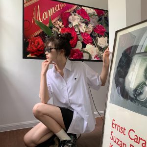 Angel Embroidery Short Sleeve Shirt for Women - Loose Slim Fit Summer Tee in Small Size, Trendy 2025 Style