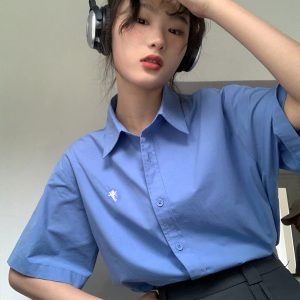 Angel Embroidery Short Sleeve Shirt for Women - Loose Slim Fit Summer Tee in Small Size, Trendy 2025 Style