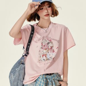 Animal Cartoon Print Round Neck Short Sleeve T-Shirt for Women - Summer Loose Slim Fit Top