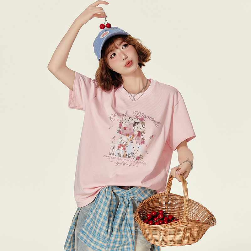 Animal Cartoon Print Round Neck Short Sleeve T-Shirt for Women - Summer Loose Slim Fit Top