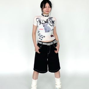 Anime-Style Black Loose Straight Low-Waist Five-Point Shorts for Casual Streetwear, Y2K Aesthetic