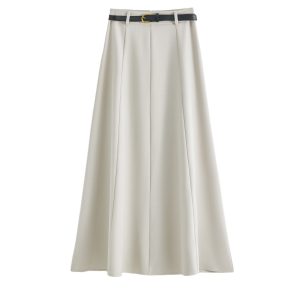 Apricot Belt-Style A-Line Suit Skirt for Women, High-Waisted Draped Long Skirt, Flattering for Petite Figures, Spring 2025 Fashion