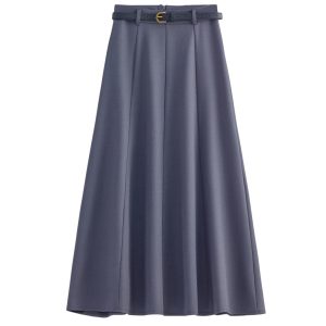 Apricot Belt-Style A-Line Suit Skirt for Women, High-Waisted Draped Long Skirt, Flattering for Petite Figures, Spring 2025 Fashion